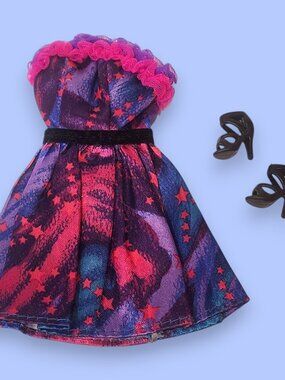 1990 Vintage Barbie Dinner Date Fashions Pink and Purple Dress #4936